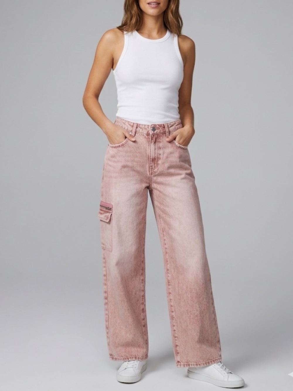 No One Else Dusty Pink Wide Leg Cargo Jeans